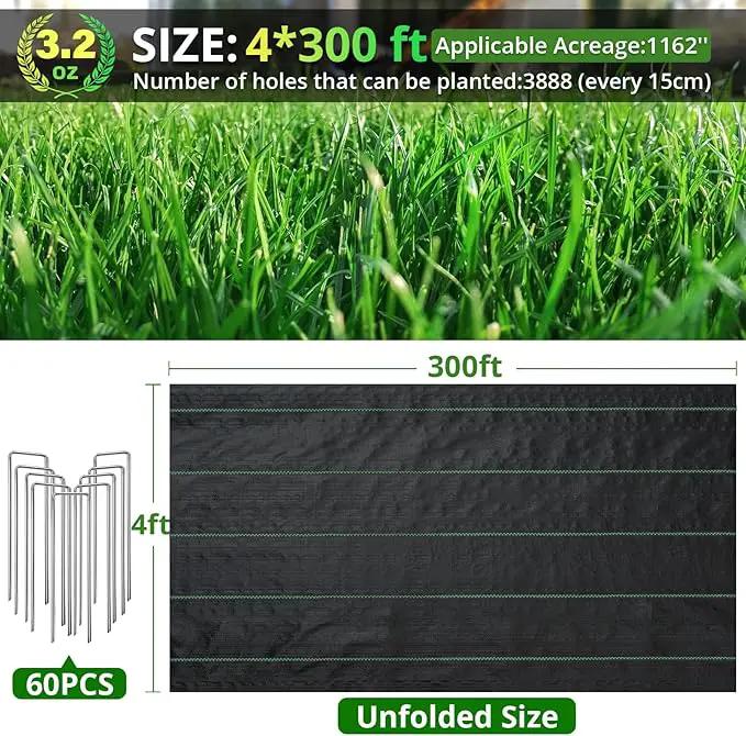 4ft×300ft Garden Weed Barrier Fabric, 3.2oz Premium Weed Blocker with 60 U-Shaped Securing Pegs, Weed Preventer for Gravel, Driveway, Gardening, Farming, Underlayment, Landscape by GreenHaven Gardens