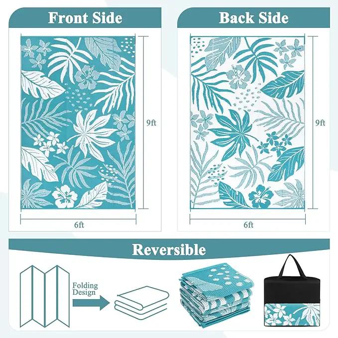Pauwer Waterproof Outdoor Rug 6x9, Reversible Plastic Straw Patio Camping Rug, Indoor Outdoor RV Mat Carpet for Deck, Camper, Porch, Balcony, Backyard, Picnic, Floral Teal by GreenHaven Gardens