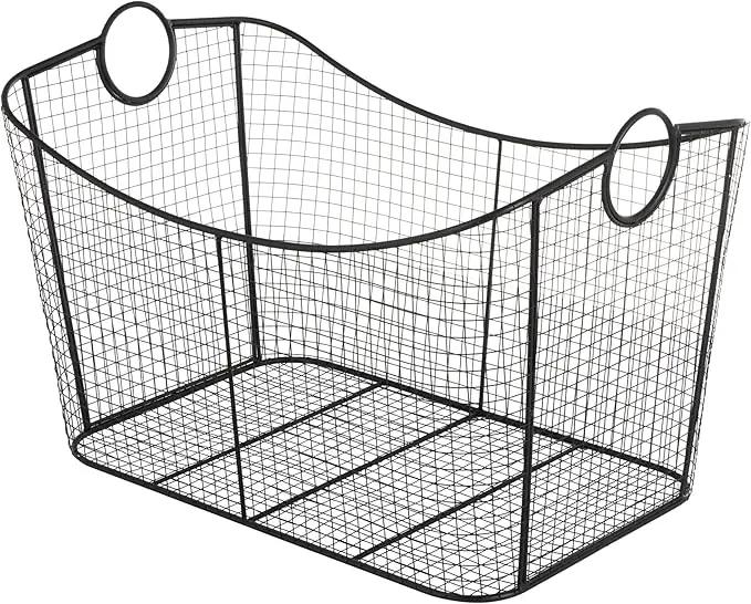 Deco 79 Metal Large Open Frame Wire Grid Storage Basket with Curved Sides and Ring Handles, 30" x 20" x 20", Black by GreenHaven Gardens