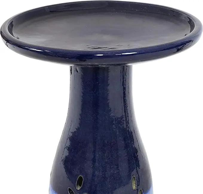 Sunnydaze 21" H Ceramic Bird Bath for Outside - Hand-Painted Outdoor Bird Bath Bowl, UV/Frost-Resistant Finish - Dark Blue - Cut Out Pedestal by GreenHaven Gardens