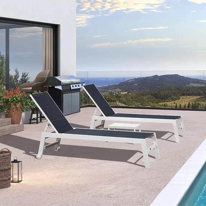 PURPLE LEAF Outdoor Chaise Lounge Set Oversize Adjustable Sunbathing Recliner Extra Wide Lounge Chairs with Side Table for Poolside Beach Outside Patio Aluminum Chaise Lounger Navy Blue 2 Sets by GreenHaven Gardens