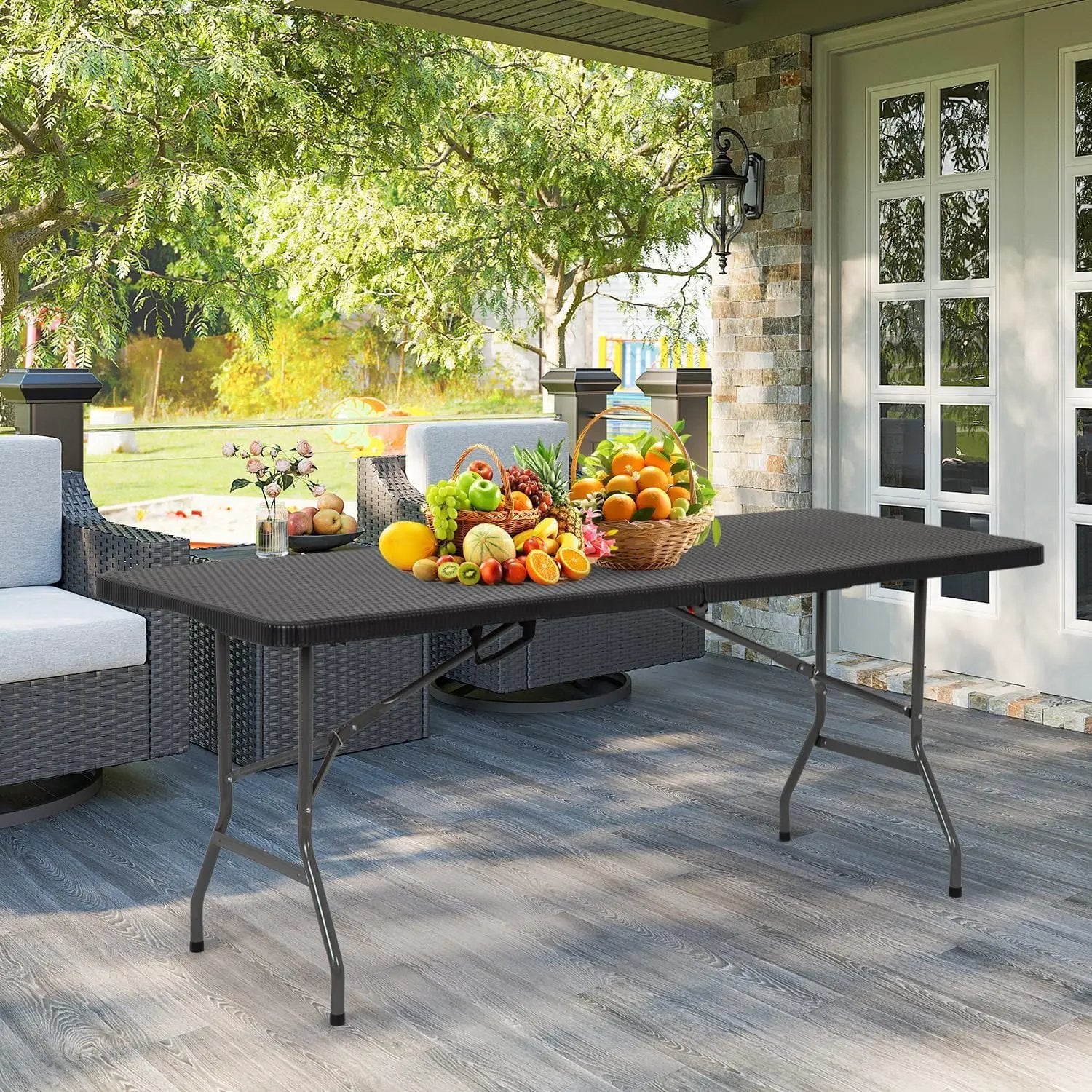 6FT Folding Table, Heavy Duty Plastic Table Portable Fold-in-Half Utility Table Indoor Outdoor Picnic Table w/Handle & Lock for Camping BBQ Party Wedding Market Events, Black Ratten by GreenHaven Gardens