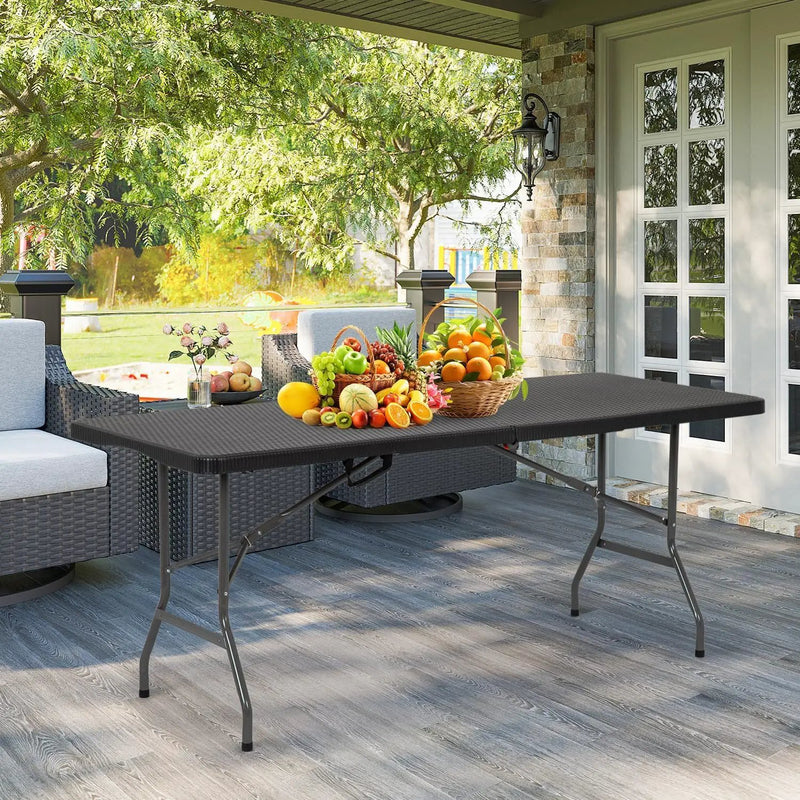 6FT Folding Table, Heavy Duty Plastic Table Portable Fold-in-Half Utility Table Indoor Outdoor Picnic Table w/Handle & Lock for Camping BBQ Party Wedding Market Events, Black Ratten by GreenHaven Gardens