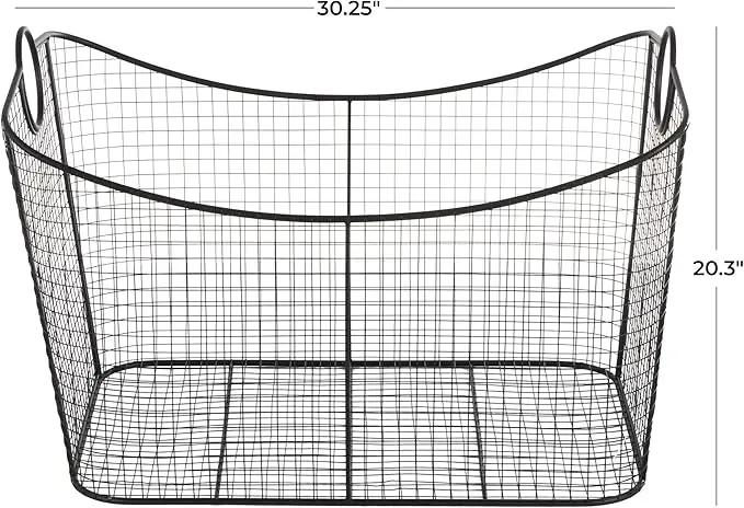 Deco 79 Metal Large Open Frame Wire Grid Storage Basket with Curved Sides and Ring Handles, 30" x 20" x 20", Black by GreenHaven Gardens