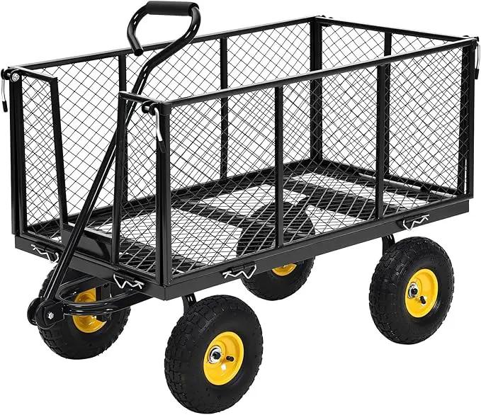 Heavy Duty Steel Garden Cart, 1100LBS Pullable Metal Garden Wagon with 10" Wheels, 180° Rotating Handle and Removable Sides for Outdoor, Farm, Yard, Beach by GreenHaven Gardens
