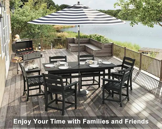 7pcs Outdoor Dining Set, HDPE Patio Dining Set for 6, All-Weather Outdoor Table and Chairs with Umbrella Hole & Adjustable Pads, Modern Patio Furniture Set for Backyard, Poolside &Lawn (Black) by GreenHaven Gardens