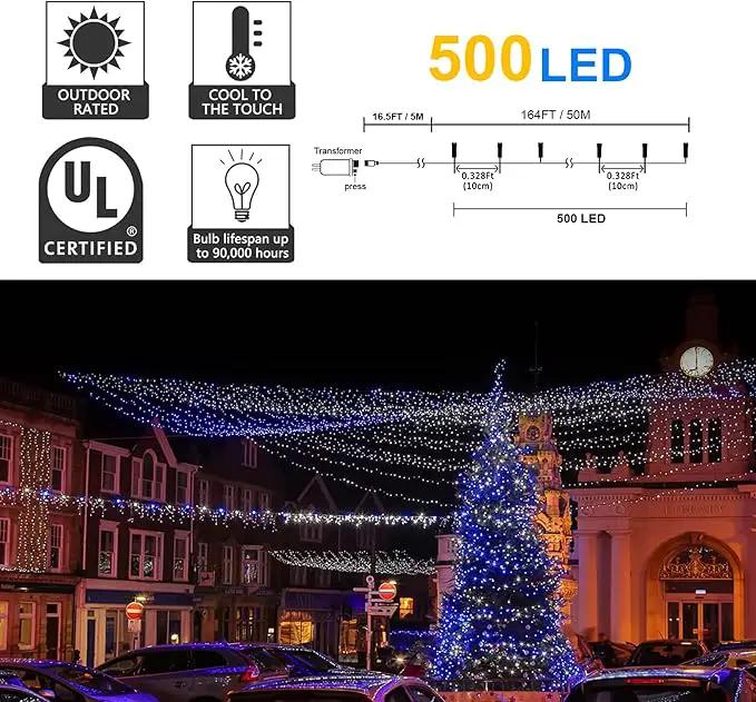 164ft 500 LED Blue White Christmas Lights Outdoor,8 Modes String Light Indoor Bedroom,Clear Wire Twinkle Lights Plug in for Christmas Outside Tree Yard Wedding Decorations(164FT,Blue&White) by GreenHaven Gardens