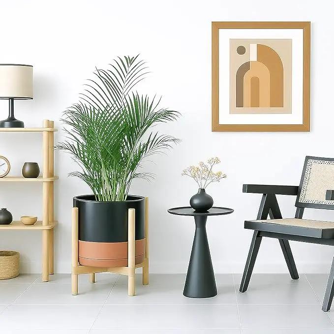 D'vine Dev Ceramic Planter with Natural Stand - 12 Inch Modern Round Flower Pot with Wood Planter Holder, Black/Speckled Tan, 55-B-J-7 by GreenHaven Gardens