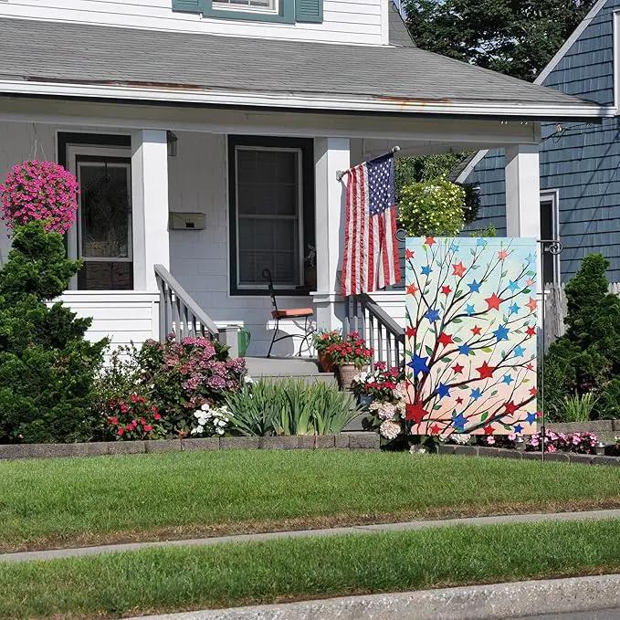 Louise Maelys 4th of July Garden Flag Patriotic Five-pointed Stras Tree Independence Day 12x18 Inch Welcome Double Sided Stars and Stripes Small Burlap Yard Sign Outside Outdoor House Decor by GreenHaven Gardens