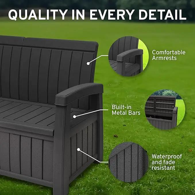 EconoHome 3 Seat Outdoor Storage Bench with Rain Cover - 90 Gallon Capacity - Weatherproof Resin Bench for Patio, Porch, Garden, Yard, Pool Area - Furniture for Pool Accessories, Gardening Tools by GreenHaven Gardens