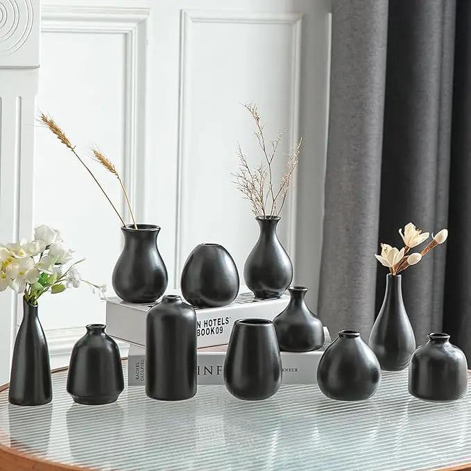 JOJUNO Black Bud Vases, Small Ceramic Vase Set of 11, Mini Pottery Vases for Flowers, Decorative Pieces for Home Modern Decor, Boho Decor, Chic Accents for Living Room Dining Table Shelves by GreenHaven Gardens