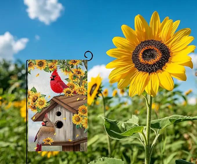 BLKWHT Summer Sunflowers Cardinal Bird Garden Flag 12x18 Vertical Double Sided Yellow Flowers Spring Farmhouse Holiday Outside Decorations Burlap Yard Flag BW815 by GreenHaven Gardens