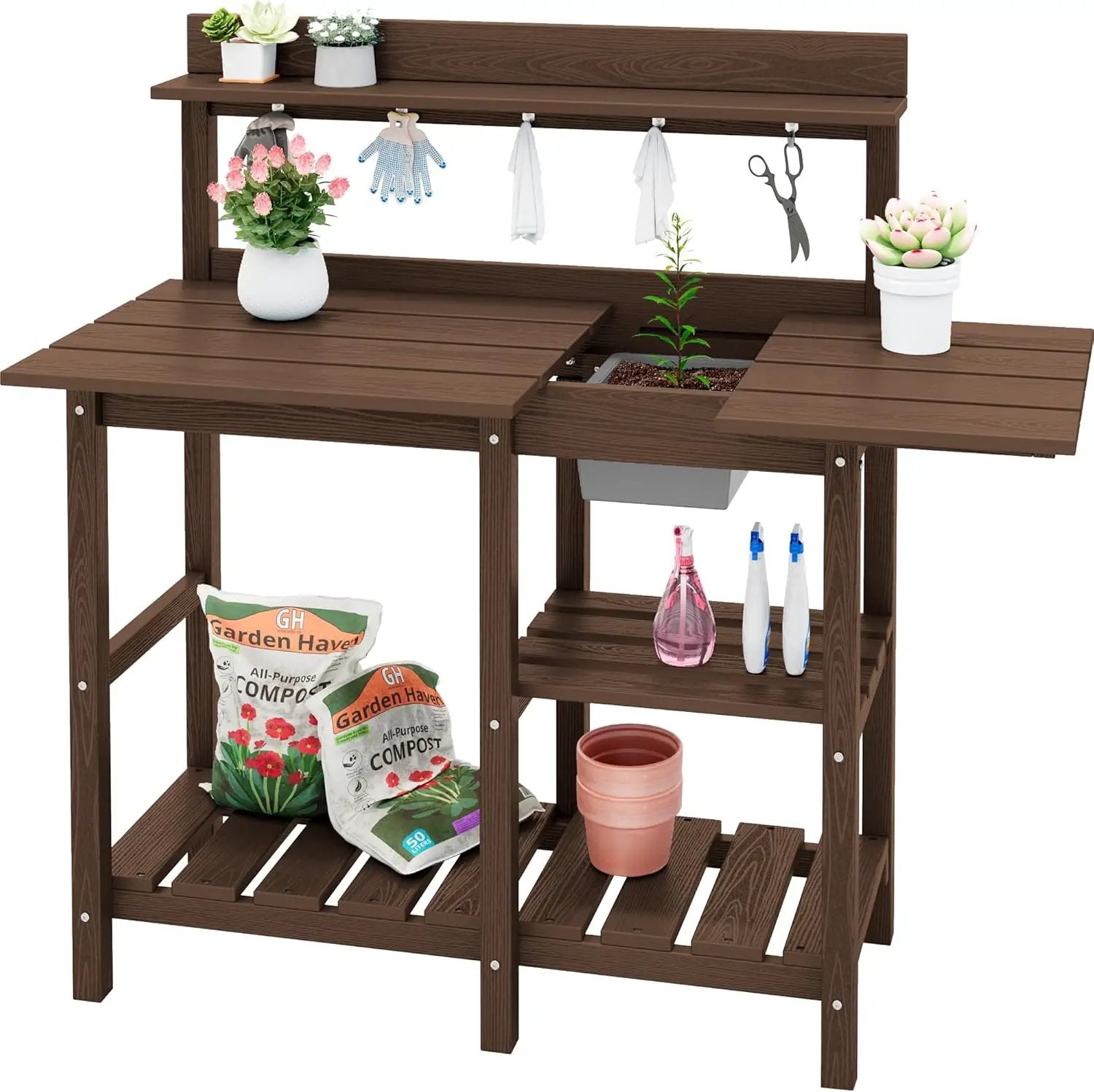 SERWALL Potting Bench Outdoor Potting Table with Sink, HDPE Potting Benches for Outside Gardening Table All Weather Use- Coffee by GreenHaven Gardens