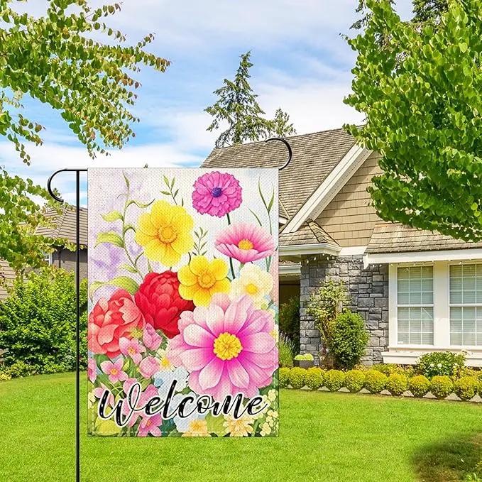Welcome Spring Floral Garden Flags 12x18 Inch double sided,Seasonal Flowers Yard Holiday Outdoor Burlap Garden Farmhouse Decor by GreenHaven Gardens