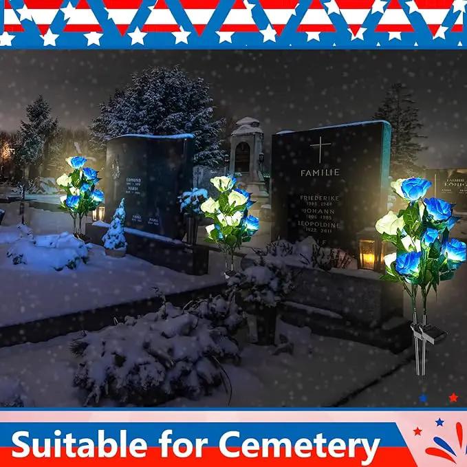 Woanger 4 Pcs Solar Flowers Cemetery Grave Decorations Outdoor LED Flower Lights with 6 Rose Powered Garden Stake Lights Waterproof for Independence Day Grave Decorations(Blue, White) by GreenHaven Gardens