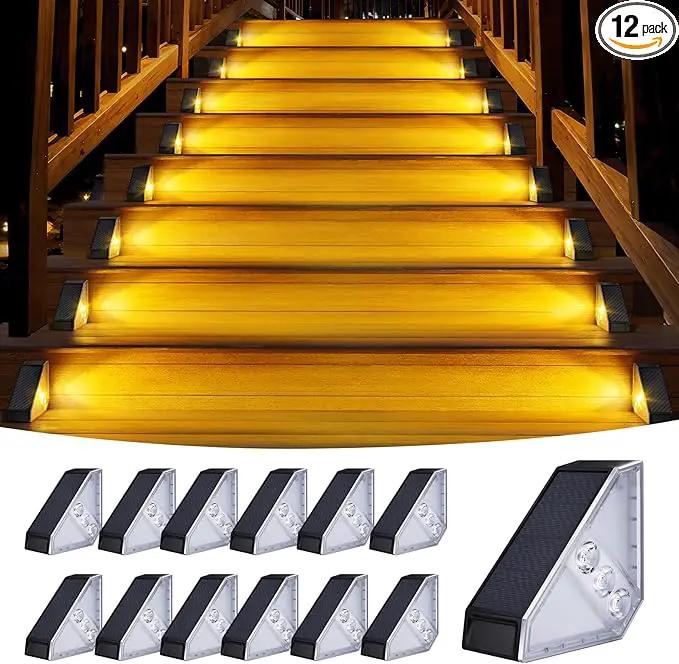 KINKAI Solar Step Lights - 12 Pack Solar Stair Lights Outdoor Deck Lighting Triangle Decor for Garden Front Door Porch (Warm Light) by GreenHaven Gardens