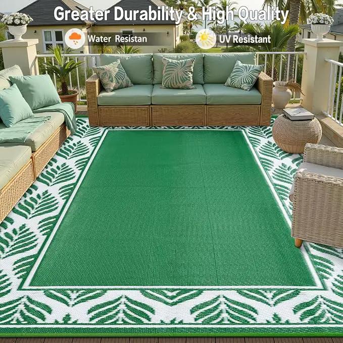 8x10 Patio Waterproof Outdoor Rug Outrside Camping Carpet RV Area Rug Reversible Green Rugs for Deck Entryance Porch Picnic Balcony Beach by GreenHaven Gardens