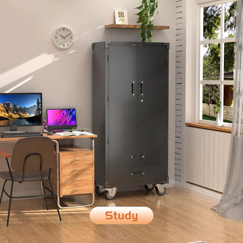 Aobabo Garage Metal Storage Cabinet with Wheels, Lockable Steel Storage Cabinet with 2 Large Drawer and 3 Adjustable Shelves, for Home, Office, Classroom, Black, Assembly Required by GreenHaven Gardens