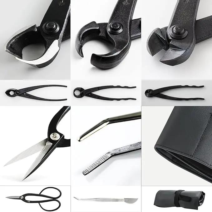 Wazakura Made in Japan 5PCS Bonsai Tool Kit with Roll Bag: Yasugi Steel Ashinaga Bonsai Scissors, Concave Branch Cutter, Knob Cutter, Wire Cutter, Tweezers - 5 Tools Ashinaga Set with Case by GreenHaven Gardens