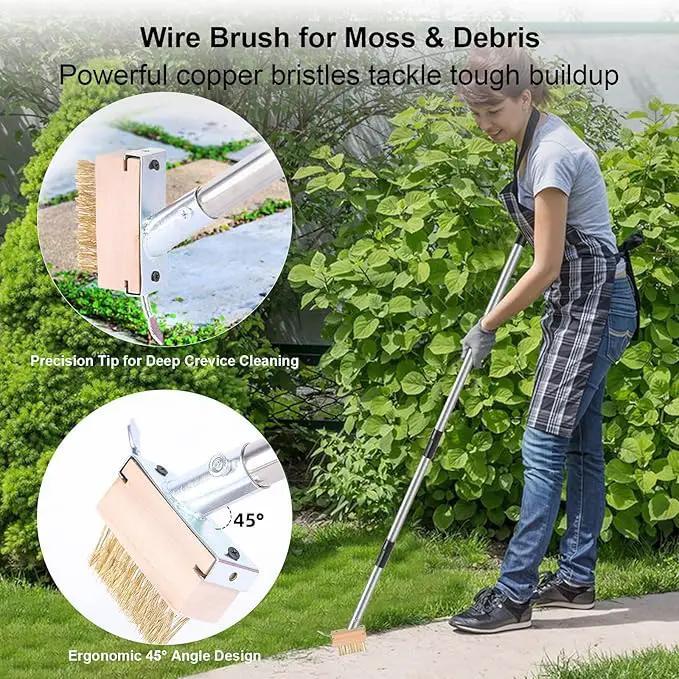 Long Handle Crack Weeder Tool Set with Adjustable 63 inch Handle, 2-in-1 Stainless Steel Crevice Weeding Tool & Brush for Weed and Moss Removal from Patios, Driveways, Sidewalk Cracks by GreenHaven Gardens