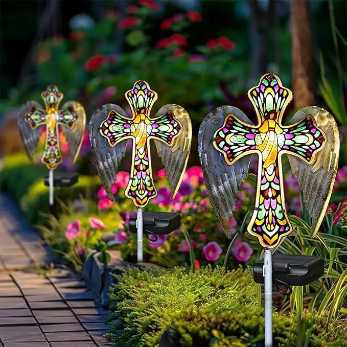 YJFWAL Solar Glass Cross Garden Stake Light, Cemetery Decorations for Grave Outdoor Lights, Jesus Cross Angel Wings Sympathy Memorial Gifts, for Easter Halloween Garden Lawn Yard Patio Decor by GreenHaven Gardens