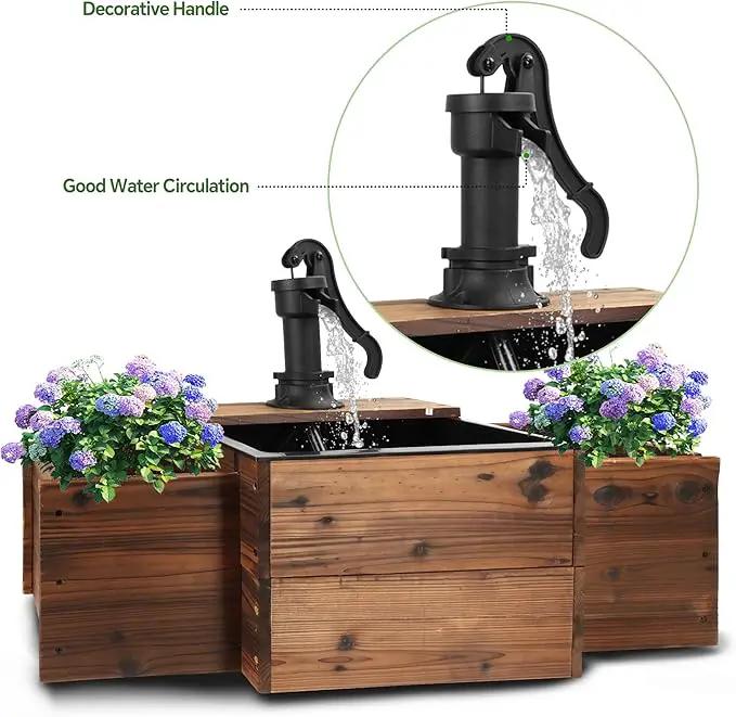 Outdoor Water Fountain,Floor Wooden Rectangular Pump Old-Fashioned Fountain with Flower Box,Electric Decorative Hand Pump, Outdoor Water Feature for Garden Patio Backyard by GreenHaven Gardens