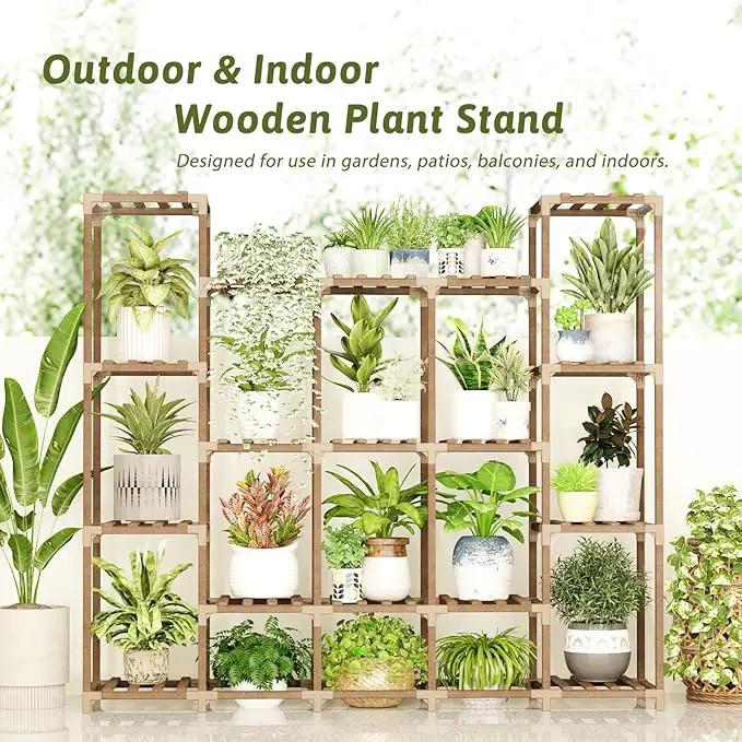 Large Plant Shelf 17 Pots Plant Stand Indoor Outdoor Tall Plant Rack Wood for Indoor Plants Multiple Plant Holder for Patio Balcony Garden Flower Stand Load-Bearing 600 LBS by GreenHaven Gardens