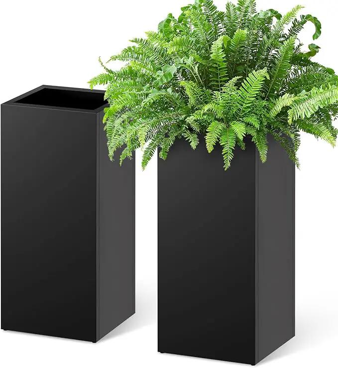 Stoog 30" Tall Planters for Outdoor Plants, All-Weather Metal Planter Boxes Set of 2, with Removable Insert Shelf, Modern Design, Indoor/Outdoor Use, Black by GreenHaven Gardens