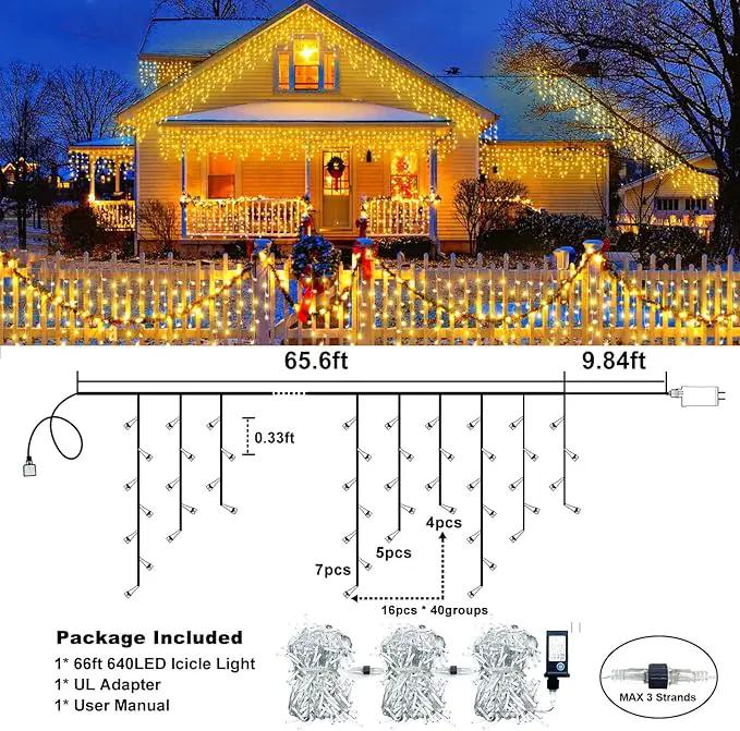 Christmas Icicle Lights Outdoor, 640 LED 66FT Icicle Lights for Outside with 8 Modes Timers, Waterproof Plug in Connectable Christmas Light for House Yard Patio Eave Wedding Decorations, Warm White by GreenHaven Gardens