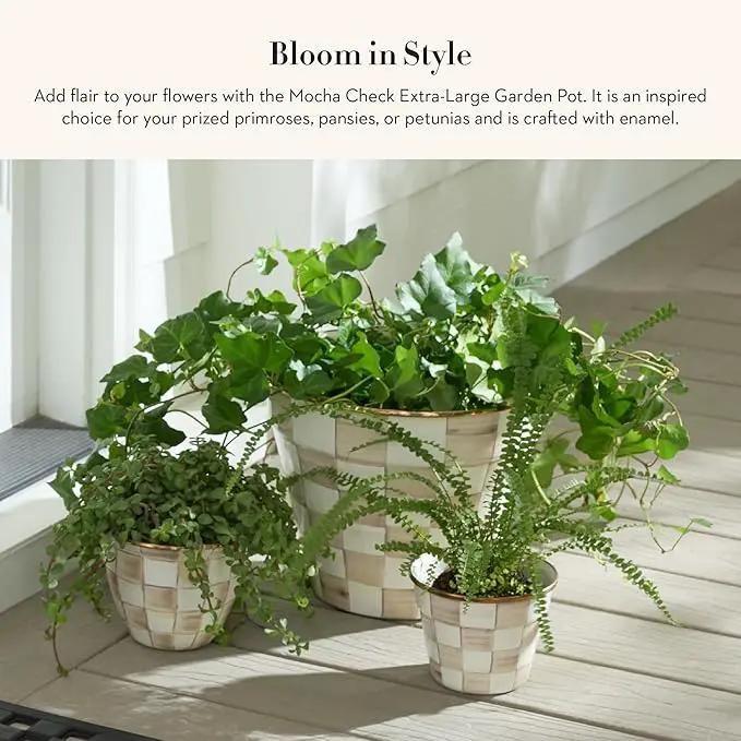 MACKENZIE-CHILDS Enamel Garden Pot, Decorative Pot for Plants, Outdoor Flowerpot Decor, Extra Large, Brown-and-White Mocha Check by GreenHaven Gardens