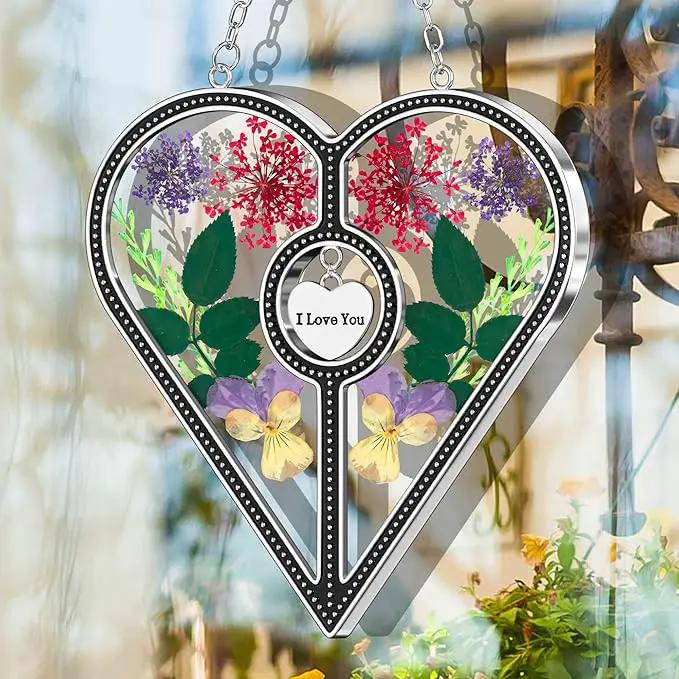 KY&BOSAM Heart Suncatcher I Love You Glass Panels for Window Hangings Wind Chime with Pressed Flower Heart Embedded in Glass Mom Gifts Birthday Gifts for Women Mother`s Day Valentine`s Christmas Decor by GreenHaven Gardens