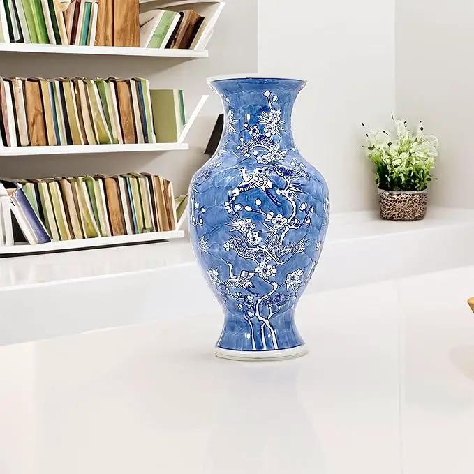 Galt International White & Blue Floral Crane Chinoiserie Ceramic Vase 14" - Hand Painted Antique Style Porcelain Bird & Flower Bottle Fishtail Porcelain Chinese Vase for Home Decor Centerpiece by GreenHaven Gardens