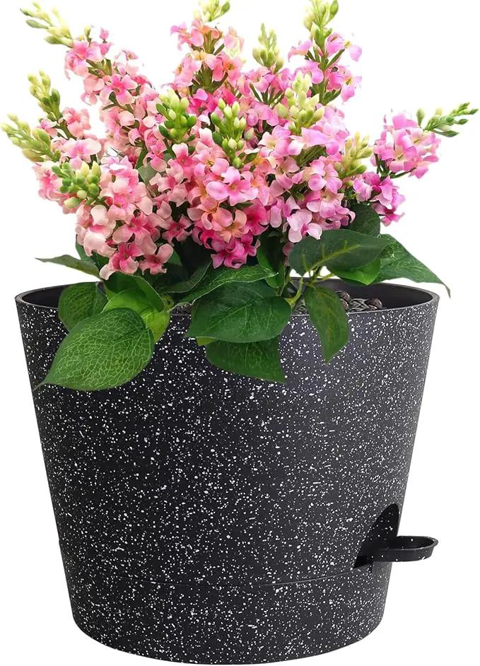 12 inch Large Self Watering Pots, Plant Pots with Mesh Drainage Holes for Indoor Outdoor Plants, Plastic Planters with Deep Reservoir for Garden House Flower Plants, Speckled Black by GreenHaven Gardens