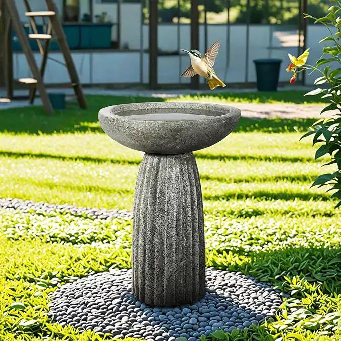 SunJet Modern Bird Bath, 24.4inches Height Fibre-Reinforced Concrete Birdbath with Textured Pedestal for Outdoor Garden, Yard, Lawn Decor by GreenHaven Gardens