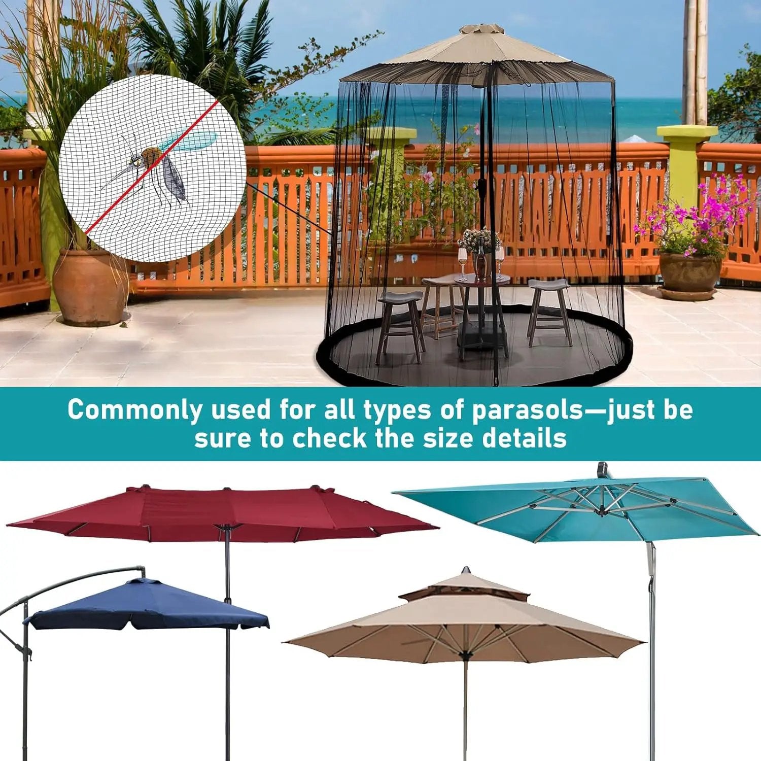 ShowyLive 12x12 Patio Umbrella Mosquito Netting with Zipper 4 Doors & 8 Weight Bag - Adjustable Polyester Mesh Bug Screen for Outdoor Umbrellas, Garden, Patio Tables (Black) by GreenHaven Gardens
