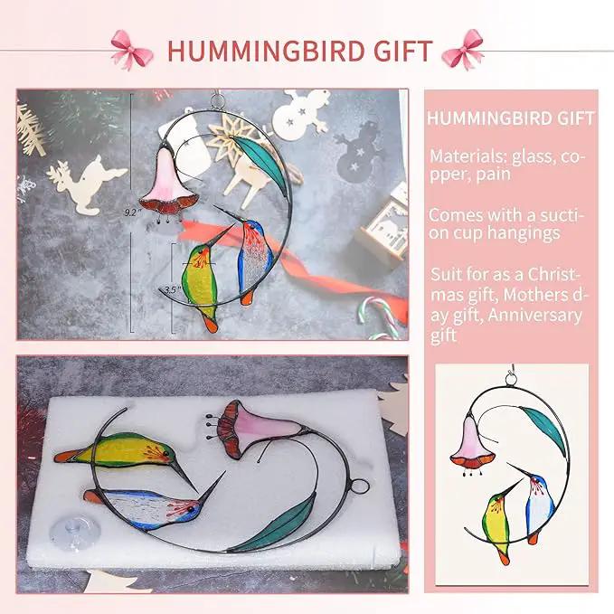 Lolitarcrafts Hummingbird with Flower Stained Glass Suncatcher Bird Stained Glass Window Hangings Hummingbird Gift for Home Decor (Green and Blue) by GreenHaven Gardens