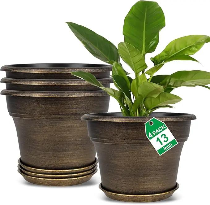 Plant Planters Pots Set of 4 Pack 13 Inch，Large Plastic Flower Pot for Indoor Plants with Drainage Holes & Trays, Resin Decorative Container Sets with Saucer for House Outdoor Garden Plant Dark Gold by GreenHaven Gardens