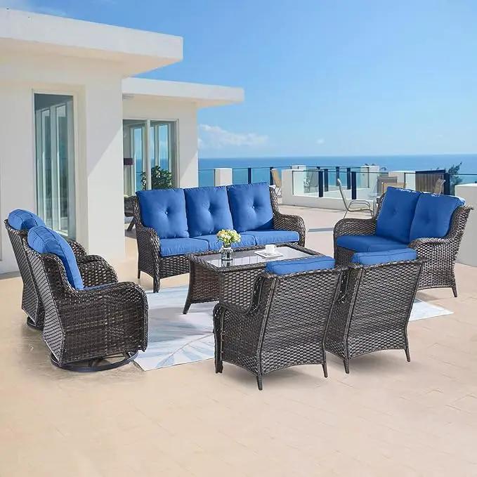 Outdoor Wicker Furniture Patio Set - 7 Piece Backyard Furniture Brown Rattan Conversation Sets with Swivel Rocker Chairs, Rattan Sofa, Club Chairs and Coffee Table, Blue Cushion by GreenHaven Gardens