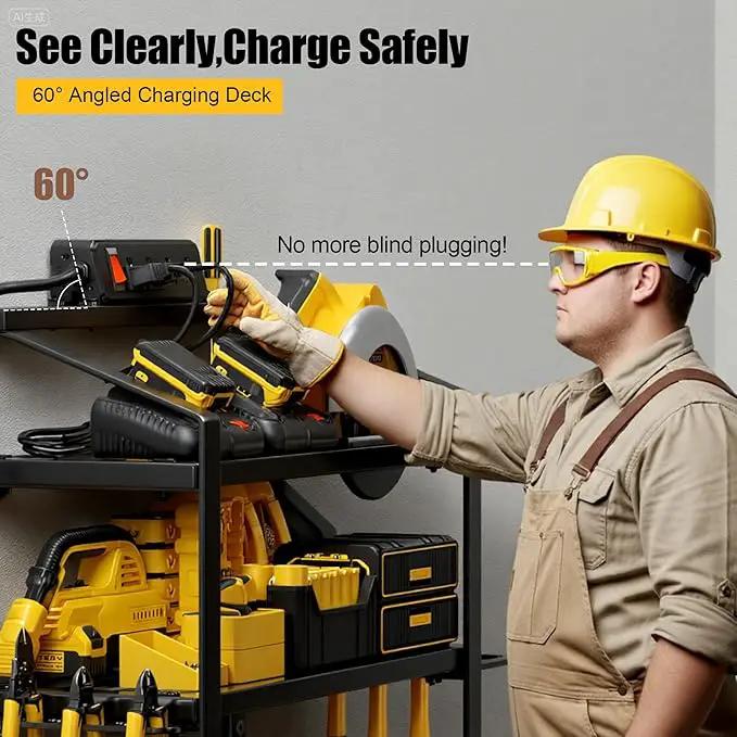 Power Tool Organizer With Charging Station, Heavy Duty Steel 4 Slots, Tool Battery Holder with 4 Outlet Power Strip, Easy To Install Garage Storage Rack for Workshop/Shed Gift For Men