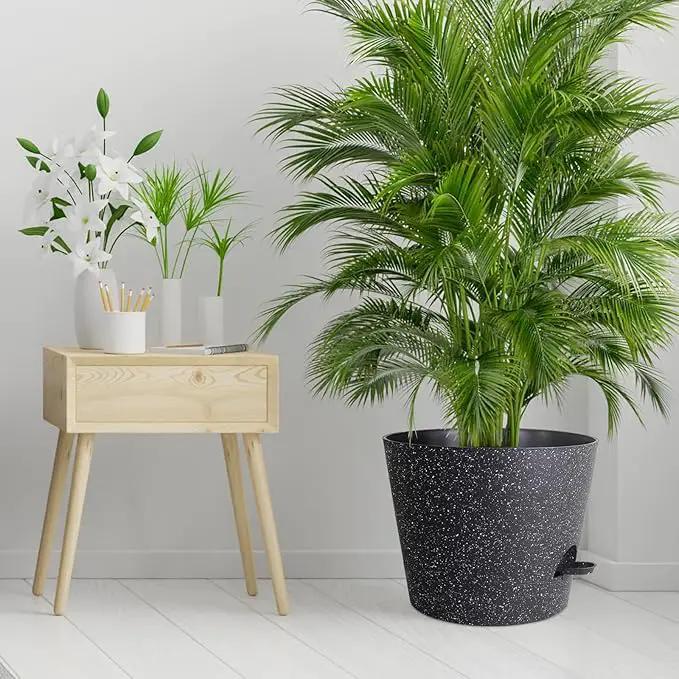 12 inch Large Self Watering Pots, Plant Pots with Mesh Drainage Holes for Indoor Outdoor Plants, Plastic Planters with Deep Reservoir for Garden House Flower Plants, Speckled Black by GreenHaven Gardens