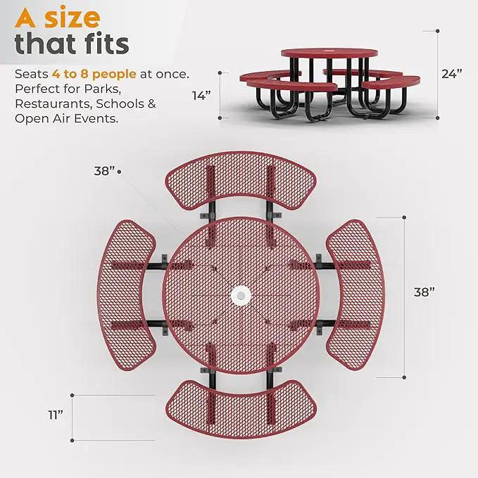 Metal Picnic Tables for Kids for Outdoors with Umbrella Hole - Coated Steel Heavy Duty Commercial Grade Table with Adjustable Seats (Red, 38 in, Kids, Expanded Steel) by GreenHaven Gardens