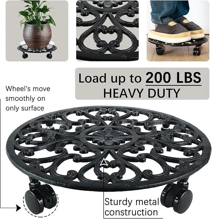 2 Packs 14 Inch Rolling Plant Stand with Wheels Metal Plant Caddy with Wheels Heavy Duty Round Plant Stand Indoor Iron Plants Rollers for Plants, Plant Dolly with Plant Saucers by GreenHaven Gardens