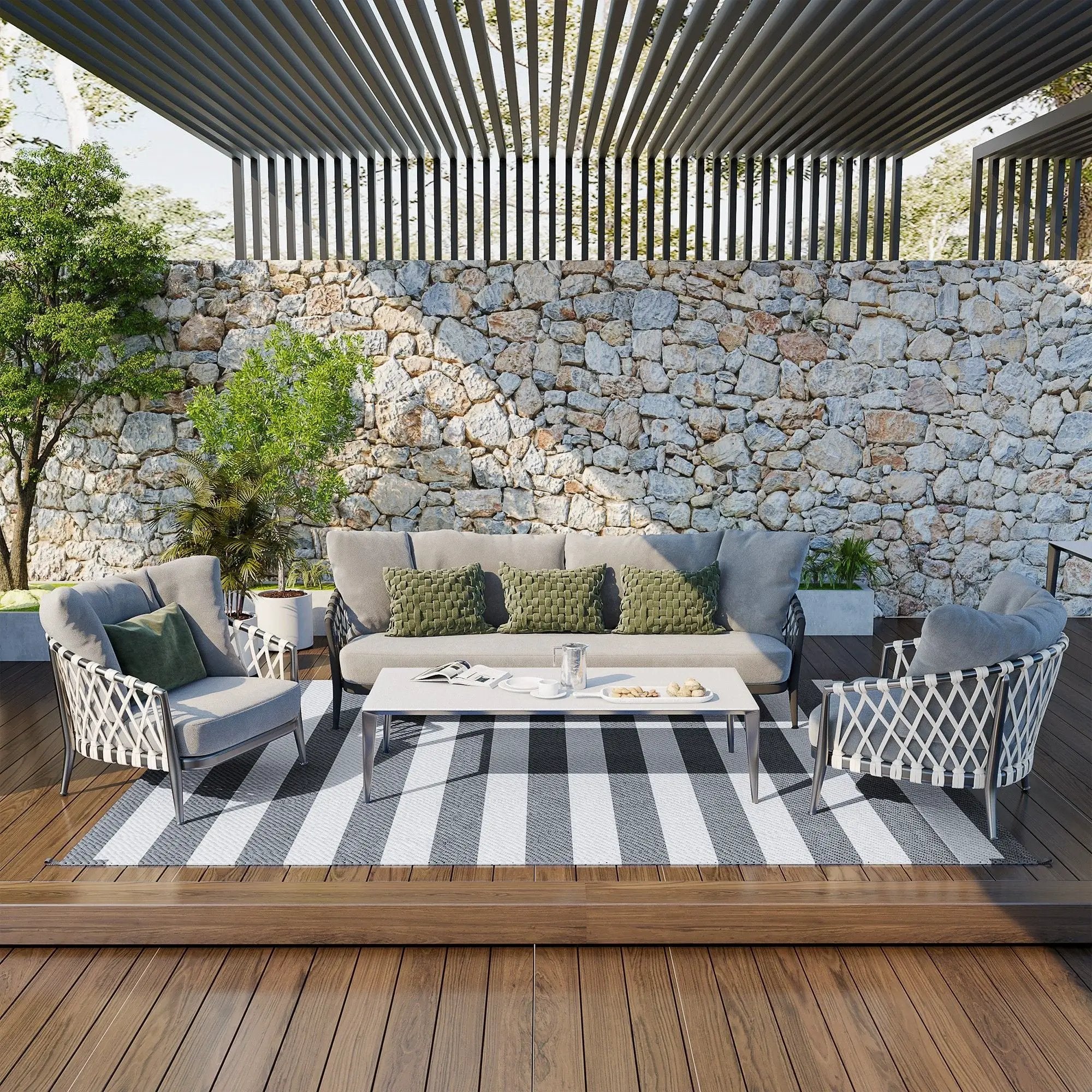 Outsunny - Reversible Outdoor Rug, 9' x 12' Waterproof Plastic Straw Floor Mat, Portable Rv Camping Carpet With Carry Bag, Large Floor Mat For Backyard, Deck, Picnic, Beach - Gray & White Striped by Unique Piece Furniture