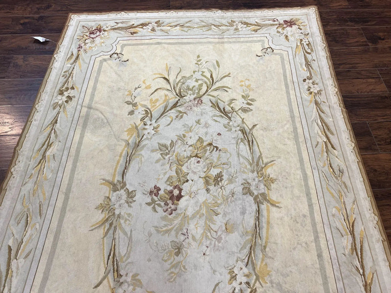 Needlepoint Rug 6x9, Elegant European Design Aubusson Carpet, Vintage Wool Handmade Rug, Light Yellow Ivory by Jewel Rugs