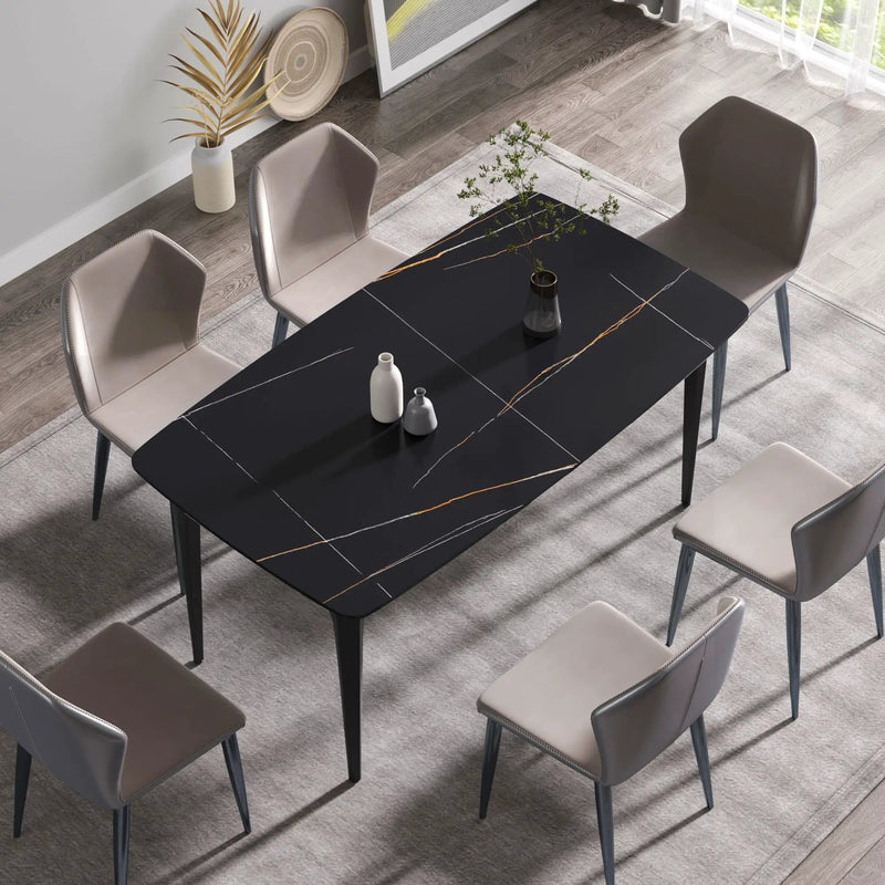 63" Artificial Stone Black Curved Black Metal Leg Dining Table, 6 People - Black by Unique Piece Furniture