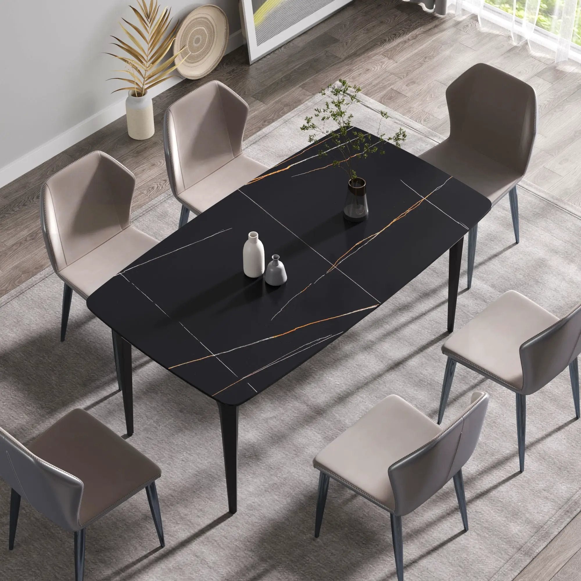 63" Artificial Stone Black Curved Black Metal Leg Dining Table, 6 People - Black by HouseOfZazla