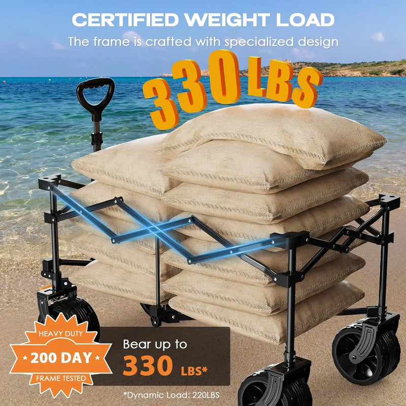 Collapsible Wagon Cart Heavy Duty Foldable, Folding Beach Wagon with Big Wheels for Sand, Utility Grocery Cart with Side Pocket and Brakes for Sports Outdoor Activities, Light Blue by GreenHaven Gardens