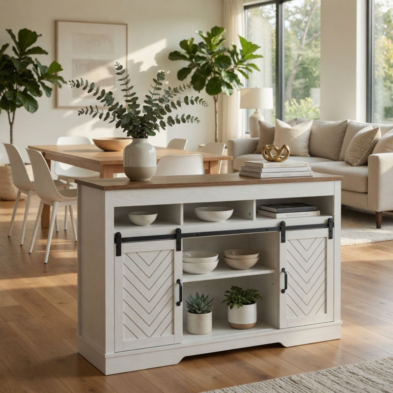 TV Stand With Sliding Barn Doors And Adjustable Storage - White / Oak by HouseOfZazla