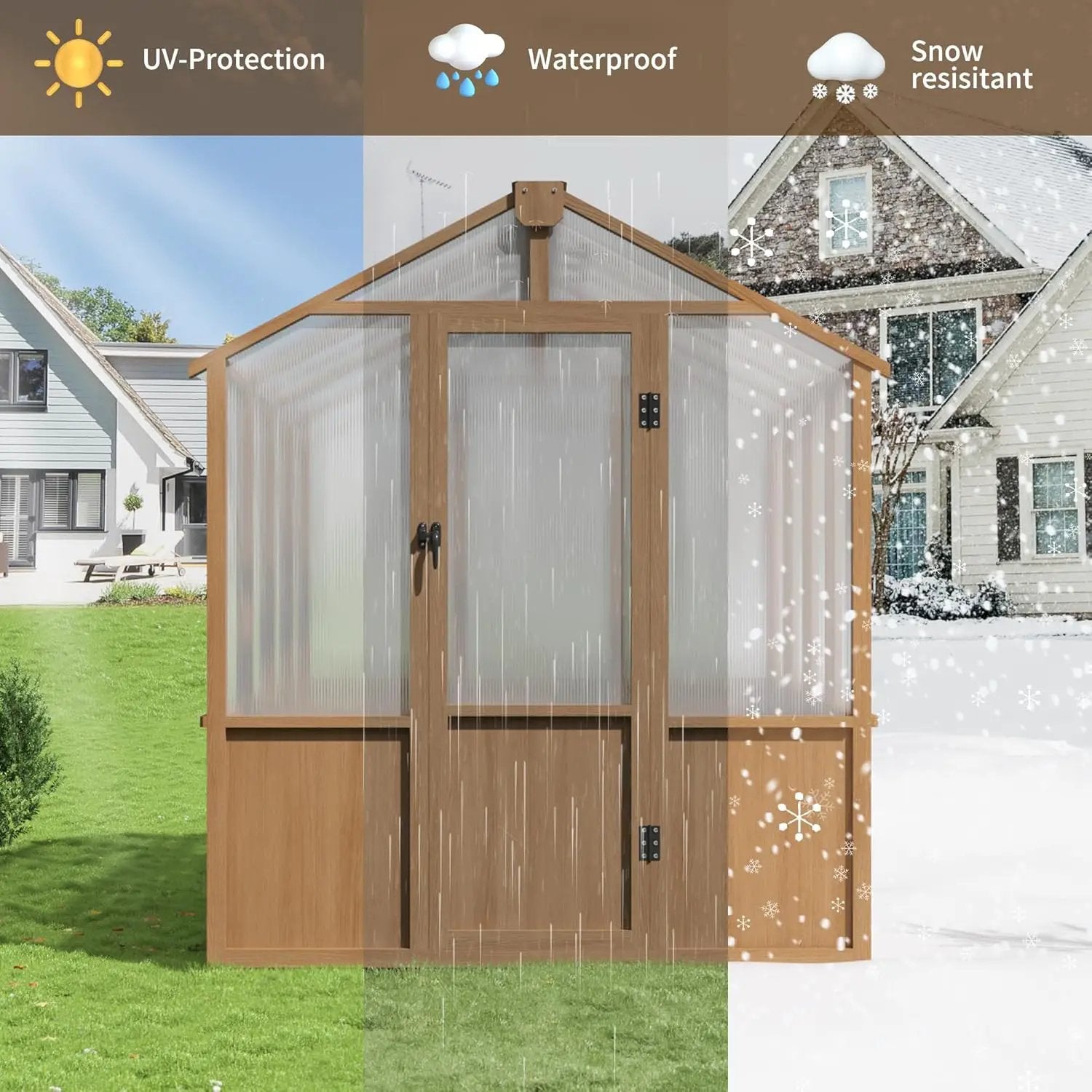 6x8 FT Greenhouse, Wooden Walk-in Greenhouse for Outdoors with 6MM Thick Polycarbonate Panel and Adjustable Roof Vents, Garden Backyard, Patio, Lawn, Wood Colour by GreenHaven Gardens