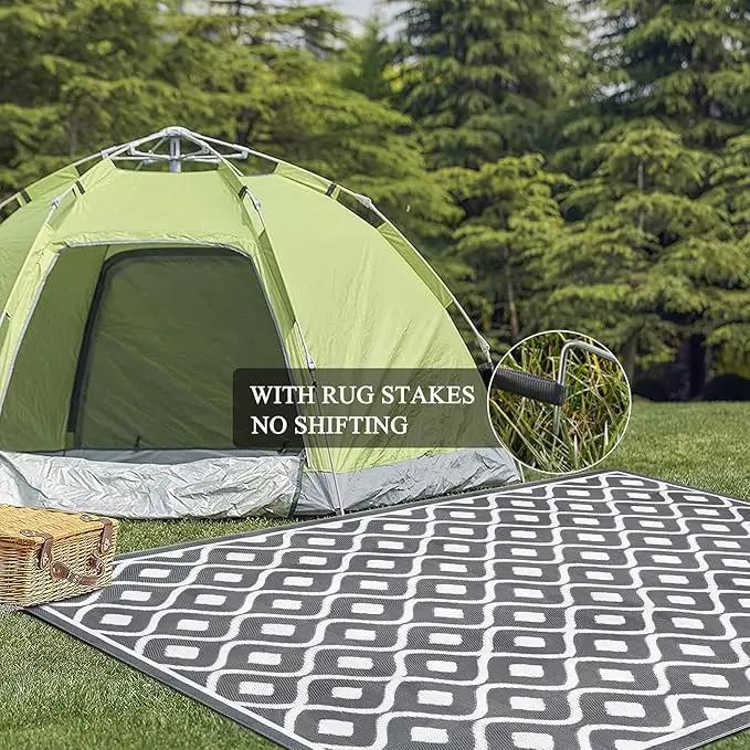 Pauwer Waterproof Outdoor Rug 6x9, Reversible Plastic Straw Patio Camping Rug, Indoor Outdoor RV Mat Carpet for Deck, Camper, Porch, Balcony, Backyard, Picnic, Geometric Grey by GreenHaven Gardens